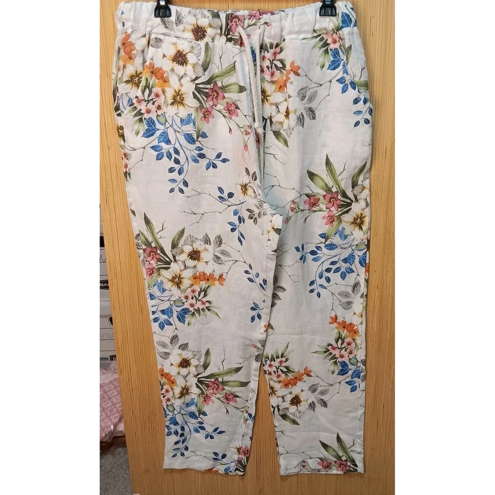Belle France Sz XL 100% Linen White Muted Florals Pants Elastic Waist/Drawstring